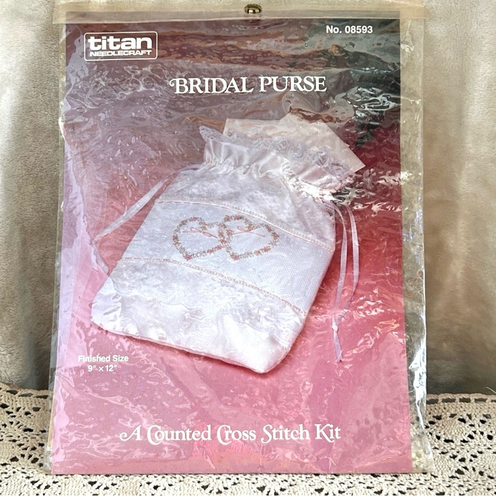 VTG Counted Cross Stitch Kit Bridal Purse Hearts Quality Satin Fabric Lace Trims